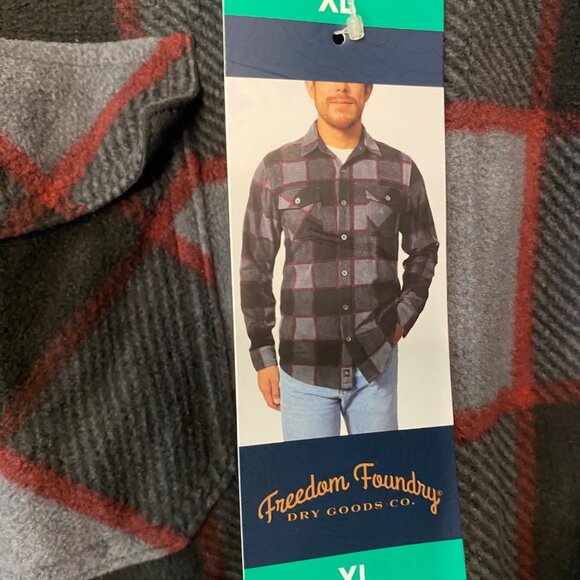 Freedom Foundry gray red plaid flannel shirt shacket pockets metal buttons men X - Picture 6 of 10